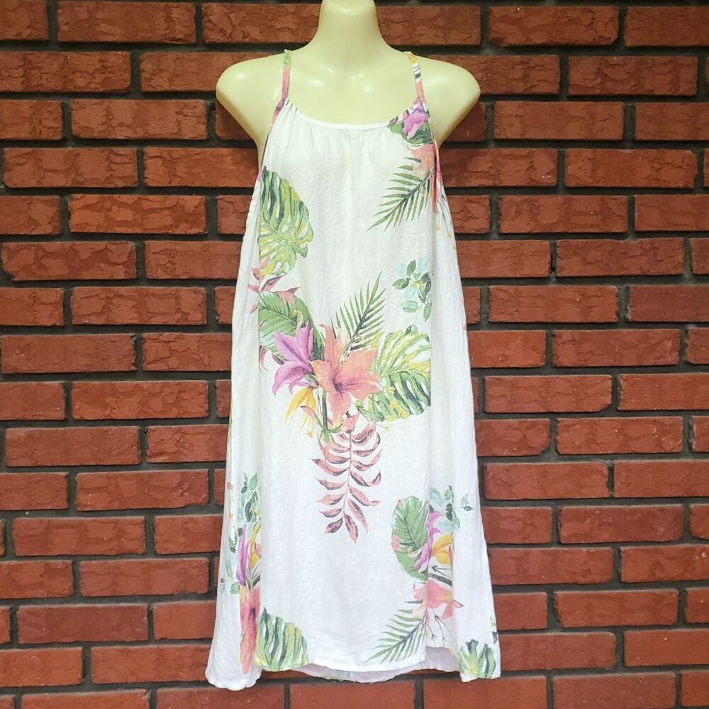 Lungo L'arno Linen Midi Dress Large White Floral Tropical Summer Sundress Italy